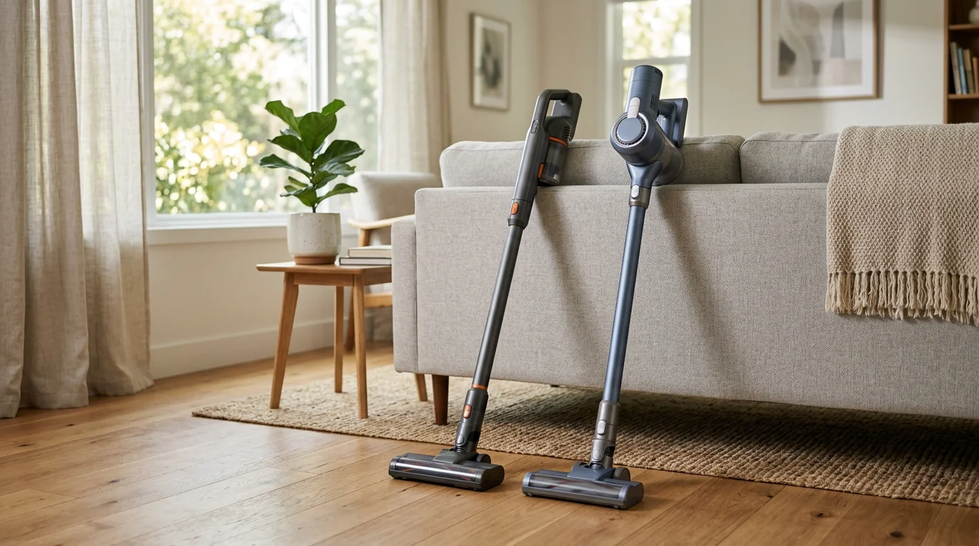 Dyson V8 Animal vs Dyson V8 Absolute — editorial comparison scene