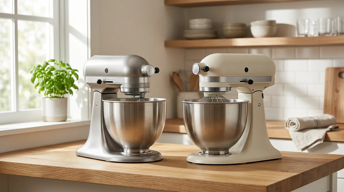 KitchenAid artisan vs Hamilton Beach stand mixer — editorial comparison scene