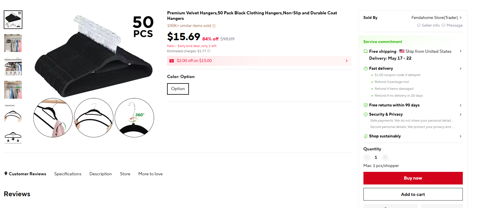 Velvet hangers price comparison, AliExpress 50-pack listing screenshot