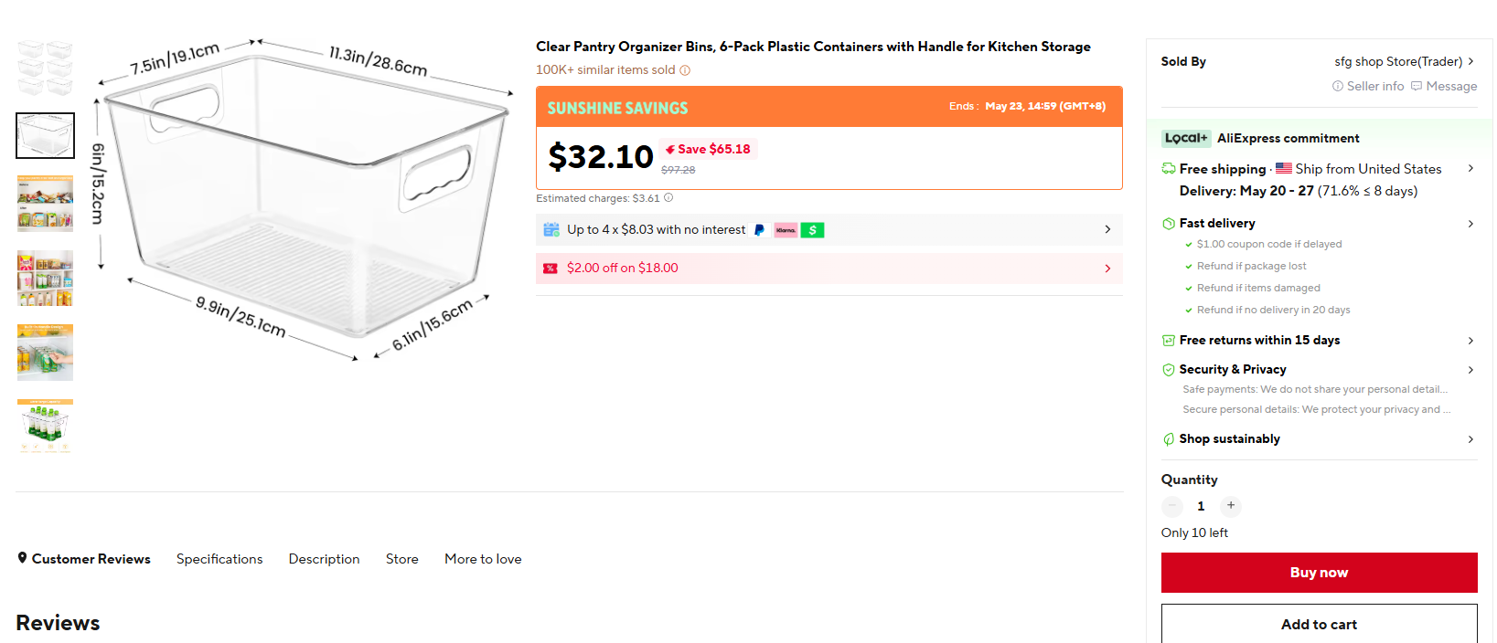 pantry bins price comparison — AliExpress 6-pack listing screenshot